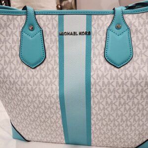 Authentic Michael Kors Teal & White Tote, makeup bag, & wallet